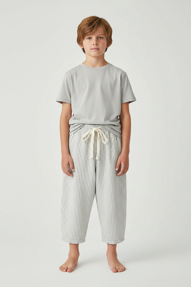 Pantalon Fluide Rayé Coton Ample Décontracté Enfant - Gris