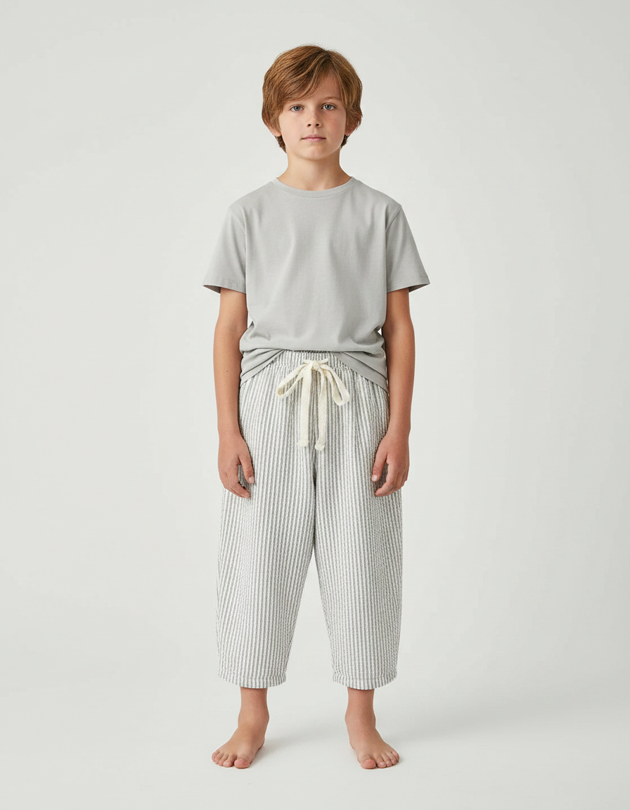 Pantalon Fluide Rayé Coton Ample Décontracté Enfant - Gris