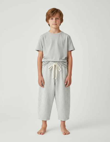 Pantalon Fluide Rayé Coton Ample Décontracté Enfant - Gris
