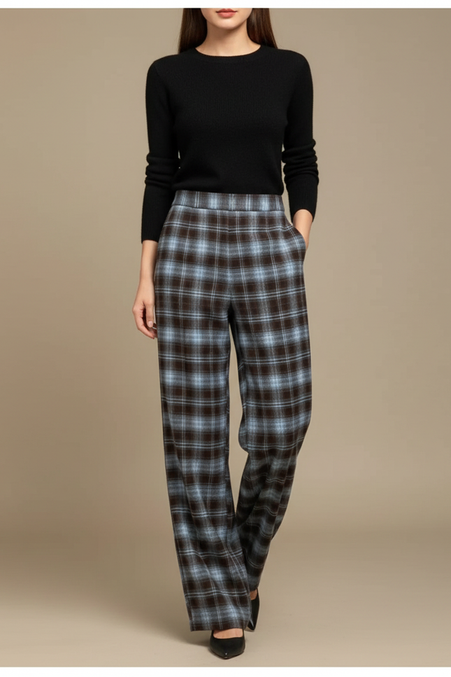 Pantalon Fluide Carreaux Marron Bleu Ample Décontracté - Multicolore Tweed