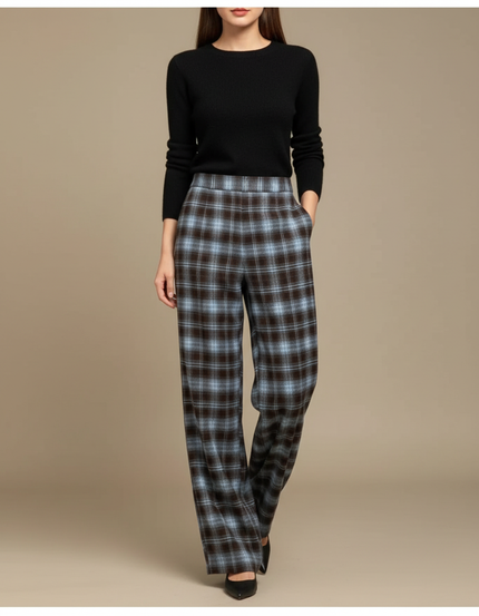 Pantalon Fluide Carreaux Marron Bleu Ample Décontracté - Multicolore Tweed