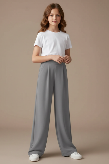 Pantalon Fluide Gris Ample Droit Taille Haute Casual - Polyester