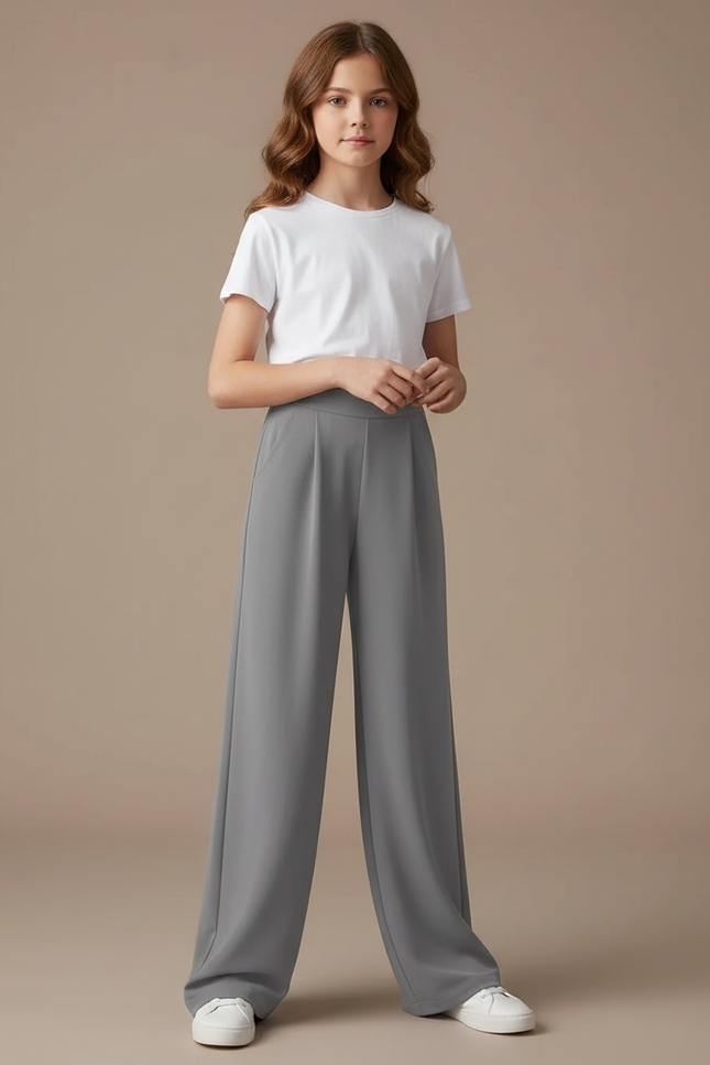 Pantalon Fluide Gris Ample Droit Taille Haute Casual - Polyester