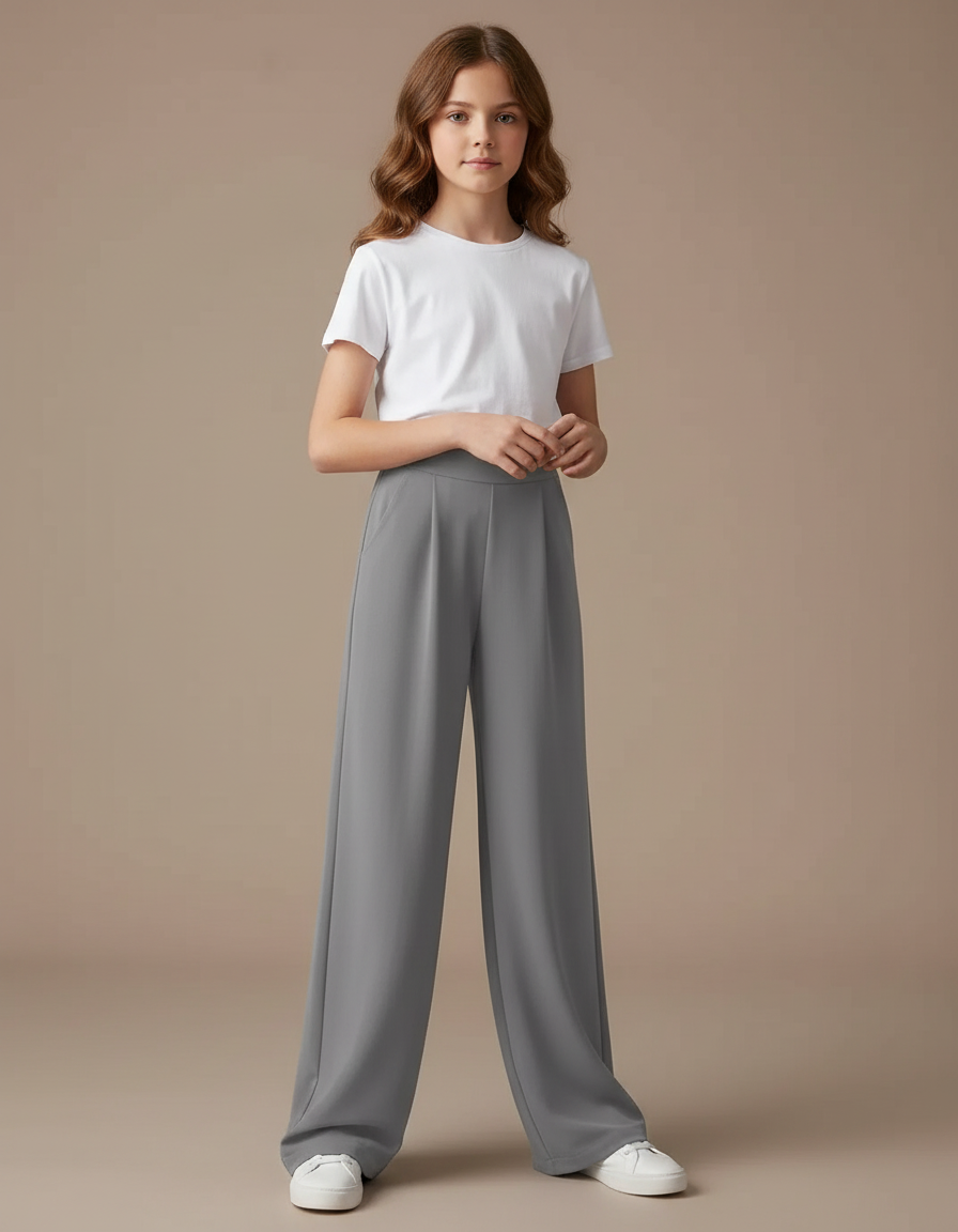 Pantalon Fluide Gris Ample Droit Taille Haute Casual - Polyester