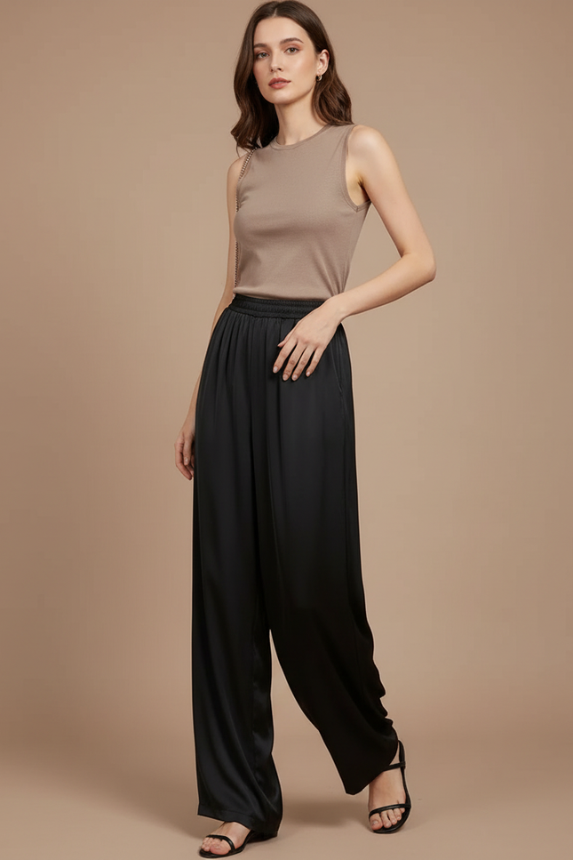 Pantalon Fluide Noir Ample Satiné Taille Haute Élégant