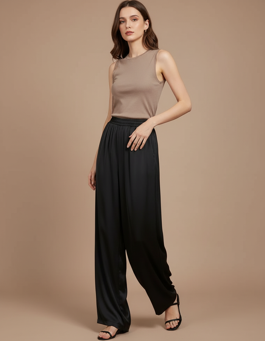 Pantalon Fluide Noir Ample Satiné Taille Haute Élégant