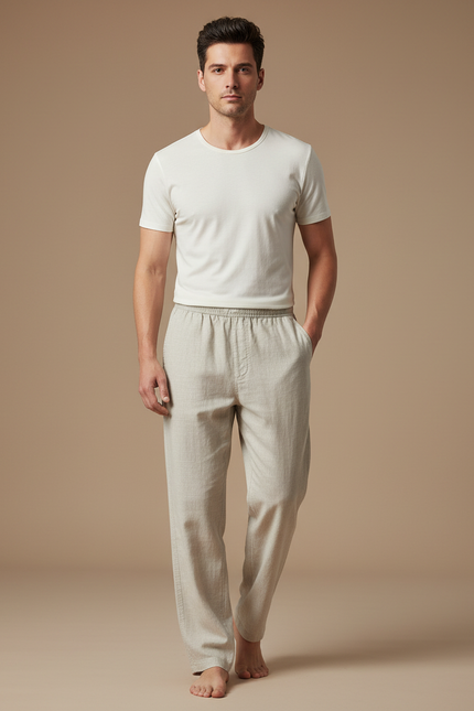 Pantalon Fluide Lin Beige Droit Décontracté Homme
