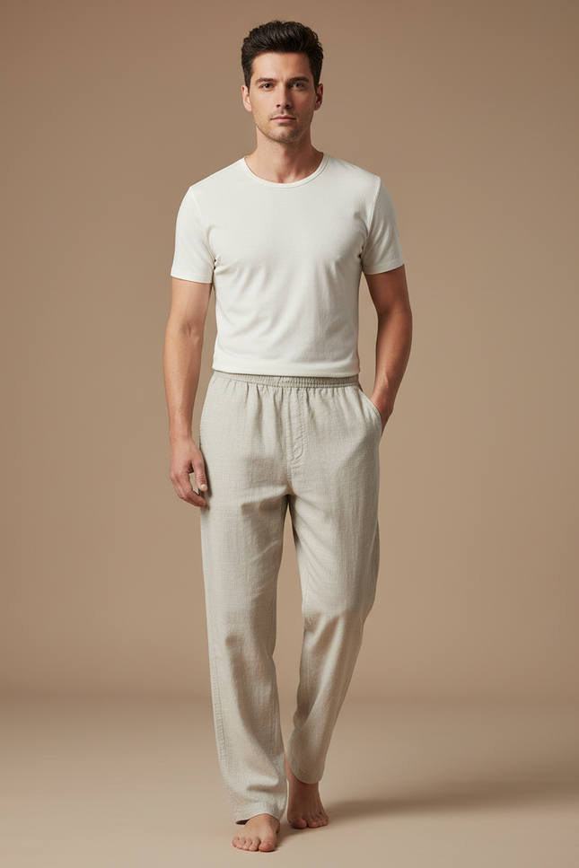 Pantalon Fluide Lin Beige Droit Décontracté Homme