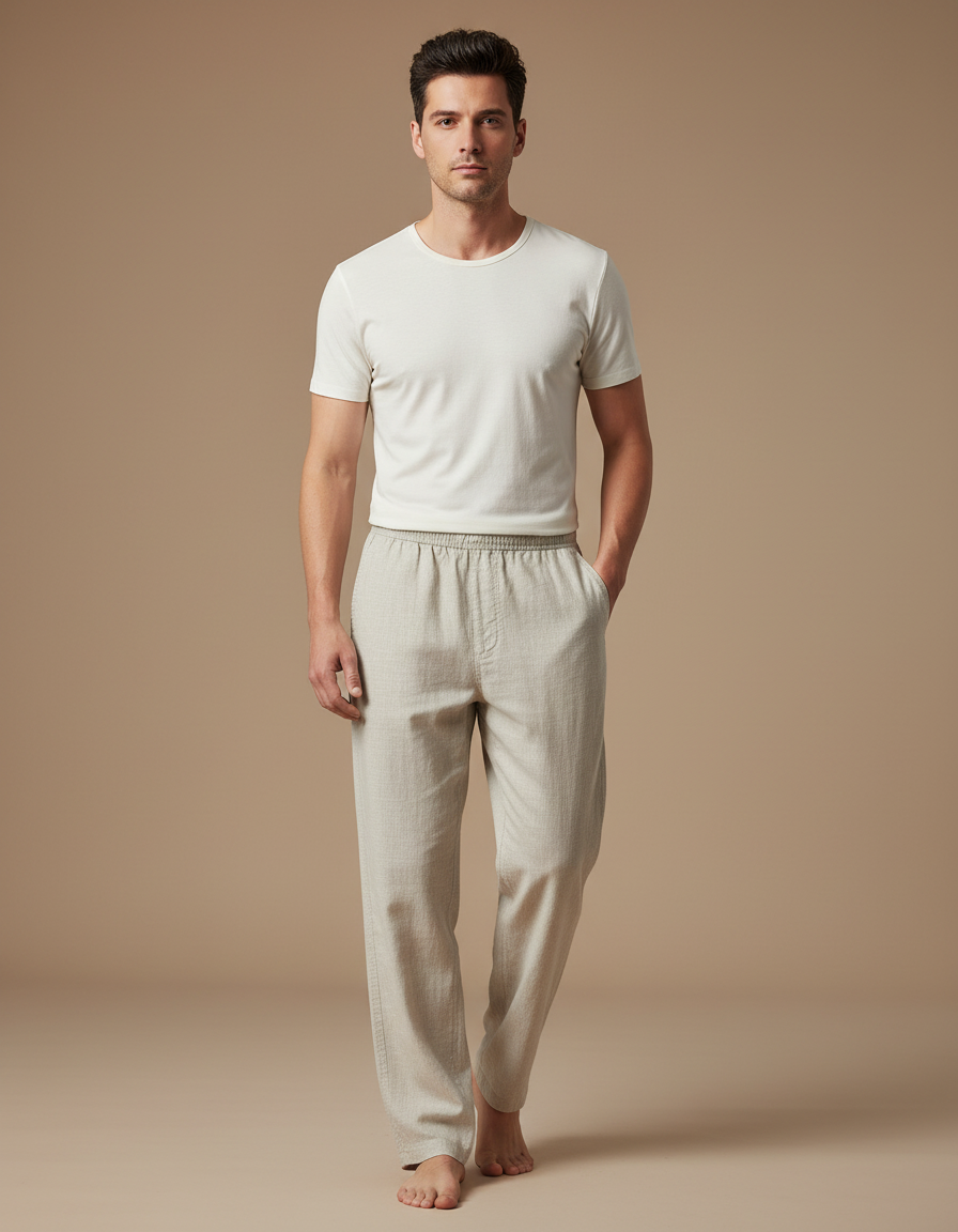 Pantalon Fluide Lin Beige Droit Décontracté Homme