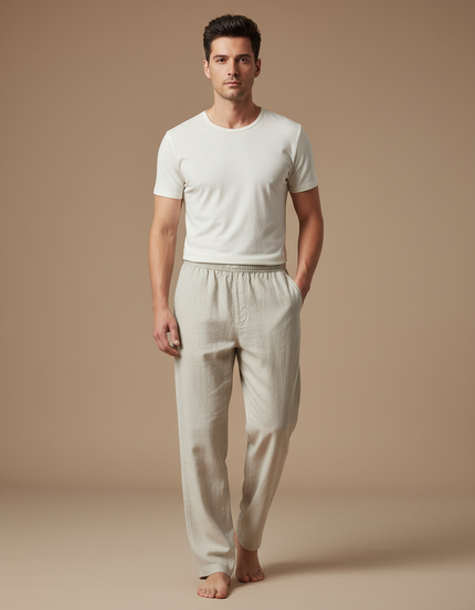 Pantalon Fluide Lin Beige Droit Décontracté Homme