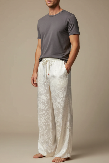 Pantalon Fluide Blanc Ample Jacquard Satiné Homme Élégant
