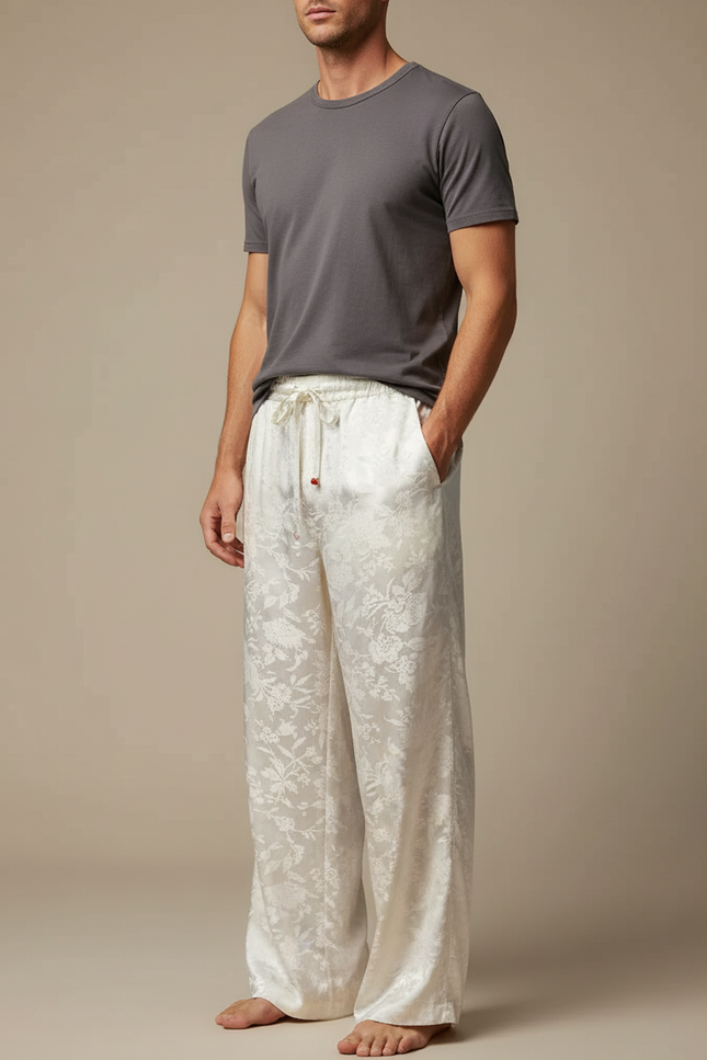 Pantalon Fluide Blanc Ample Jacquard Satiné Homme Élégant