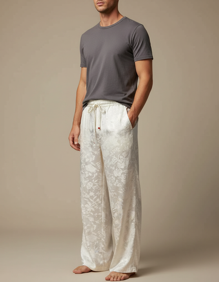 Pantalon Fluide Blanc Ample Jacquard Satiné Homme Élégant