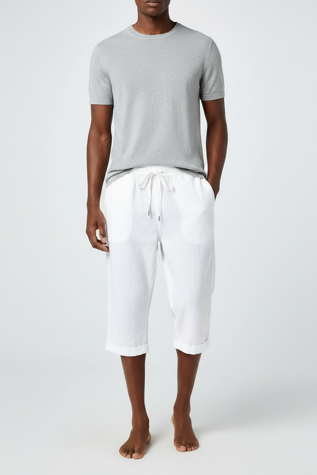 Pantalon Fluide Blanc Lin Cordon Ample Décontracté