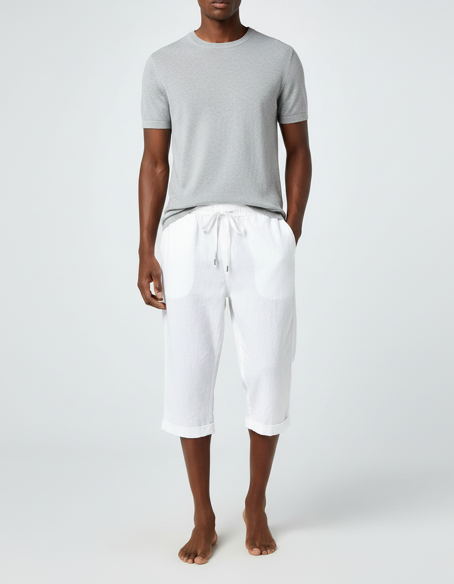 Pantalon Fluide Blanc Lin Cordon Ample Décontracté