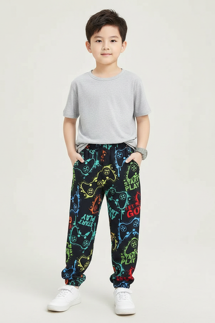 Pantalon Fluide Noir Imprimé Manettes Colorées Garçon - Molleton