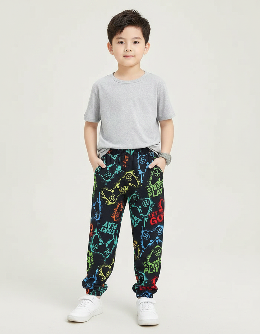 Pantalon Fluide Noir Imprimé Manettes Colorées Garçon - Molleton
