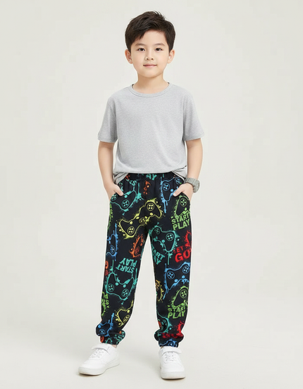 Pantalon Fluide Noir Imprimé Manettes Colorées Garçon - Molleton