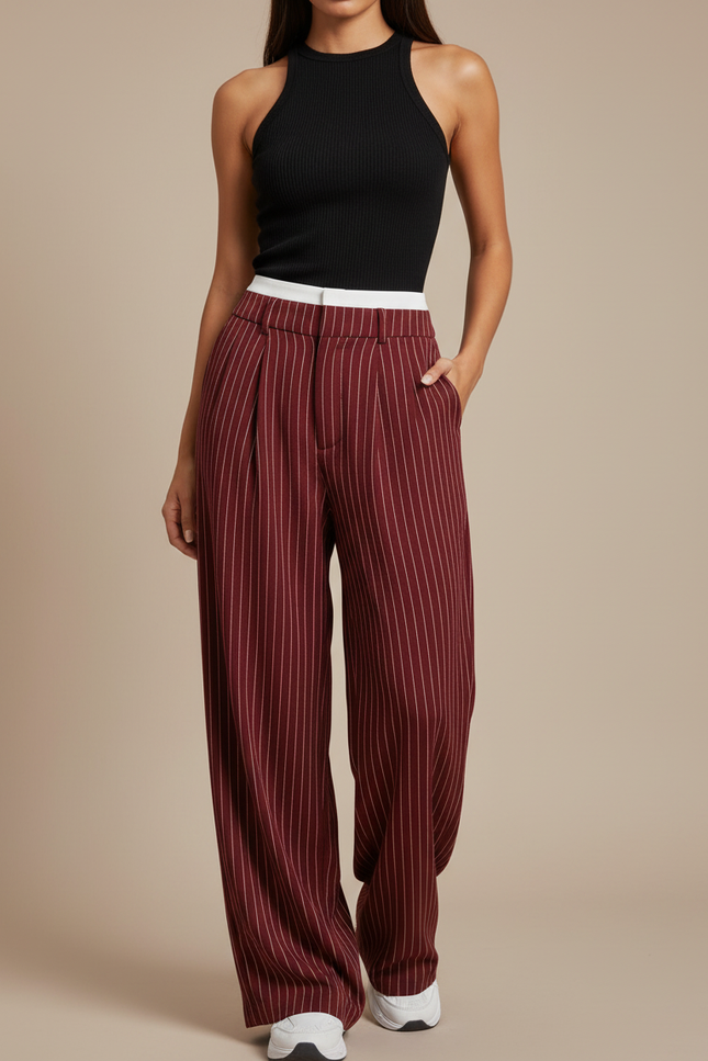 Pantalon Fluide Rayé Bordeaux Ample Taille Haute - Viscose