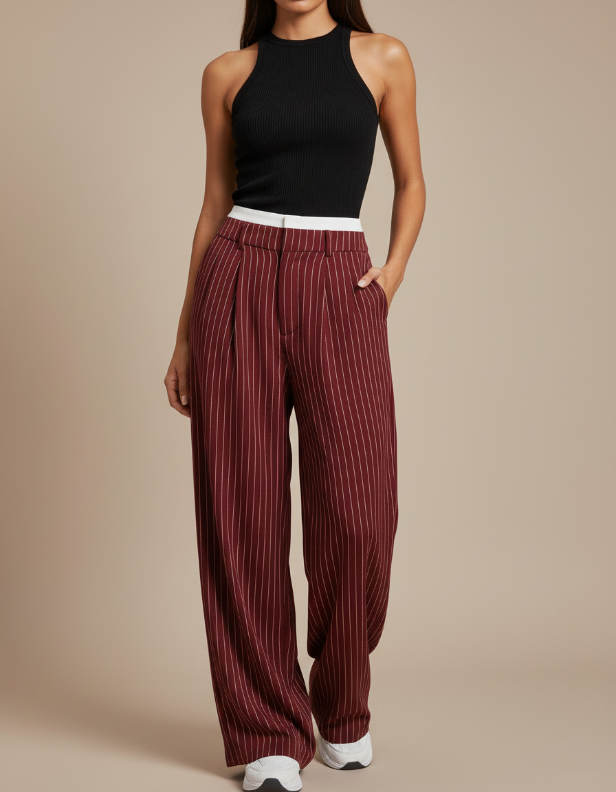 Pantalon Fluide Rayé Bordeaux Ample Taille Haute - Viscose