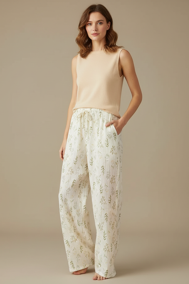 Pantalon Fluide Écru Coton Imprimé Floral Ample Décontracté