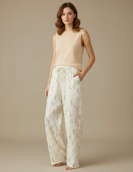 Pantalon Fluide Écru Coton Imprimé Floral Ample Décontracté
