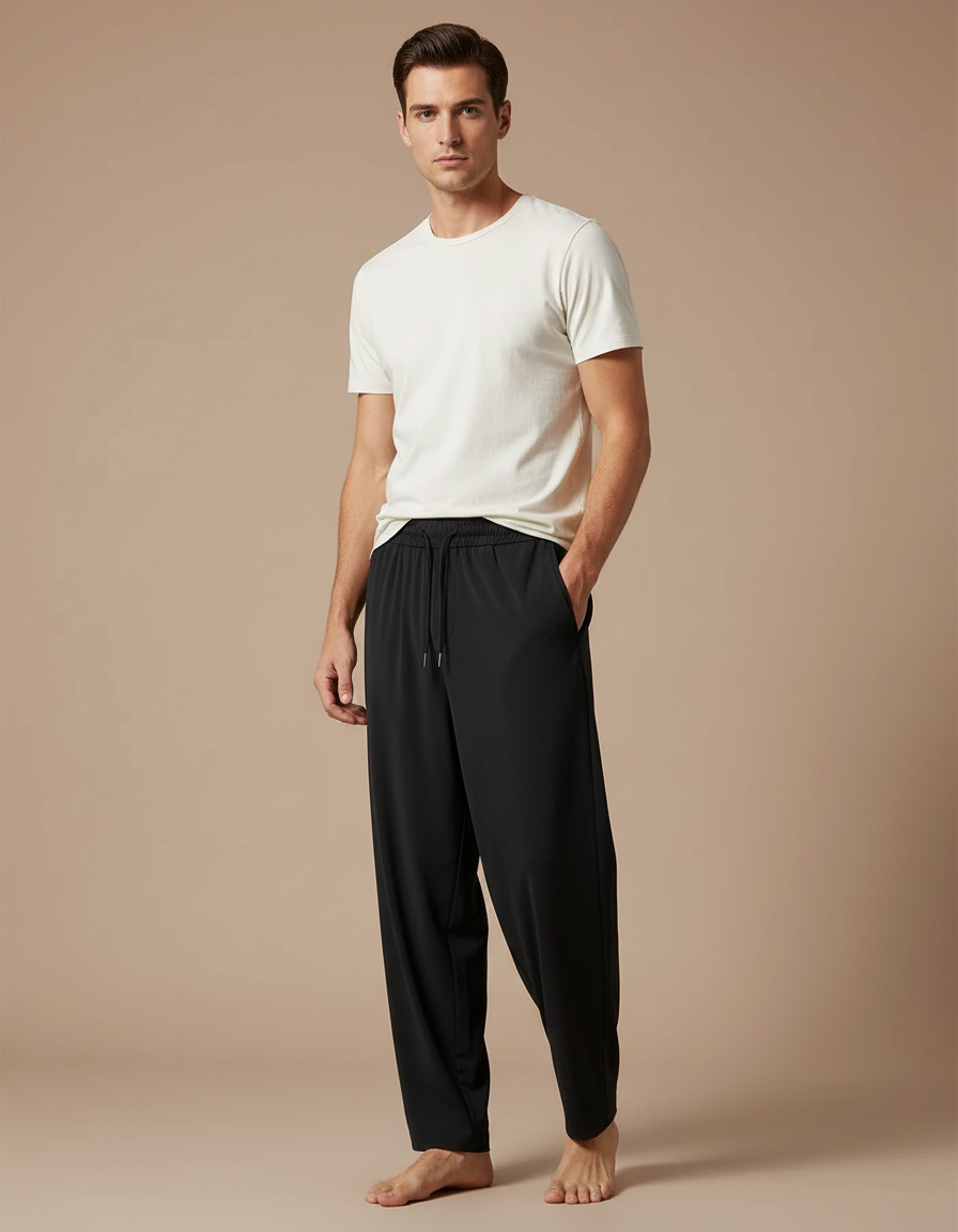 Pantalon Fluide Noir Ample Décontracté Cordon Sport Homme - Polyester