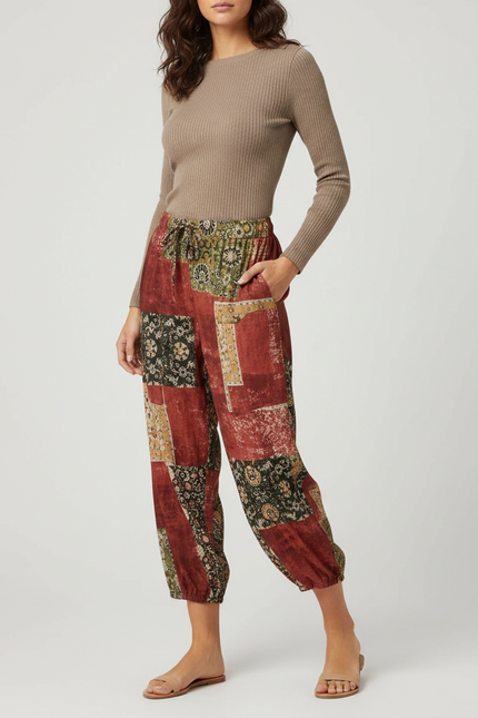 Pantalon Fluide Patchwork Bohème Imprimé Ethnique Ample Femme - Multicolore Viscose