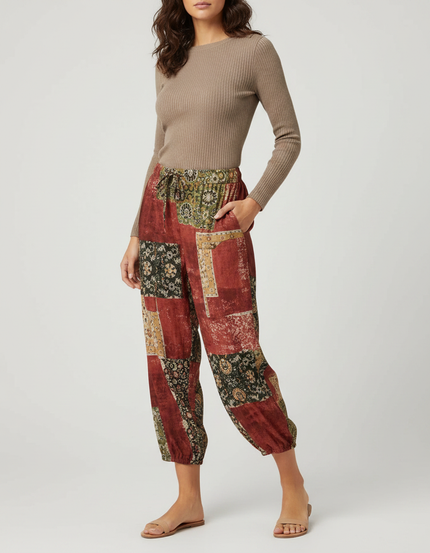 Pantalon Fluide Patchwork Bohème Imprimé Ethnique Ample Femme - Multicolore Viscose