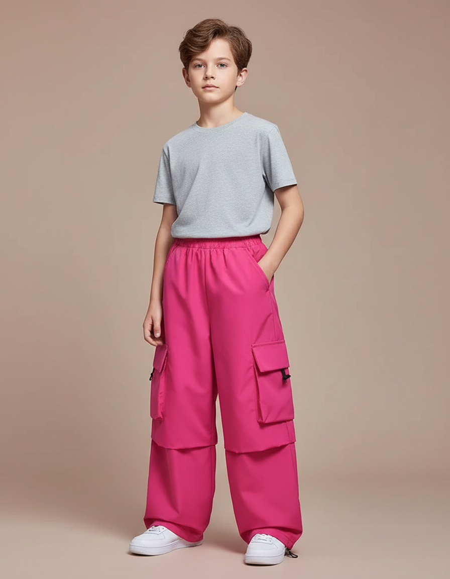 Pantalon Fluide Rose Cargo Ample Enfant Tendance - Polyester
