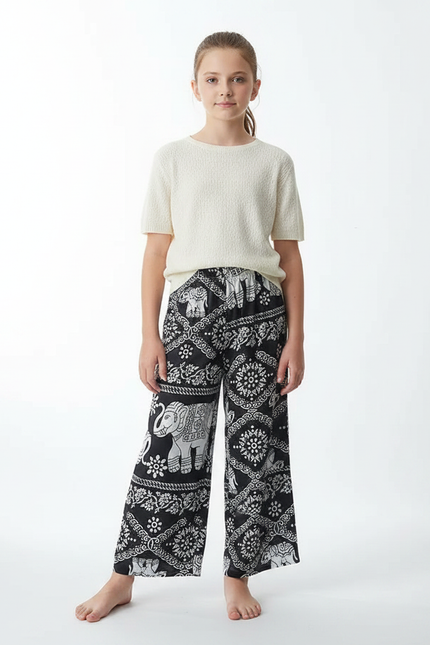 Pantalon Fluide Noir Ample Imprimé Éléphants Fille - Viscose