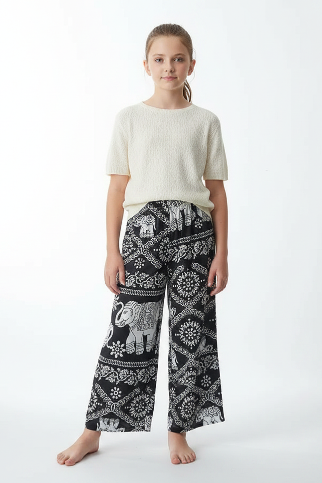 Pantalon Fluide Noir Ample Imprimé Éléphants Fille - Viscose