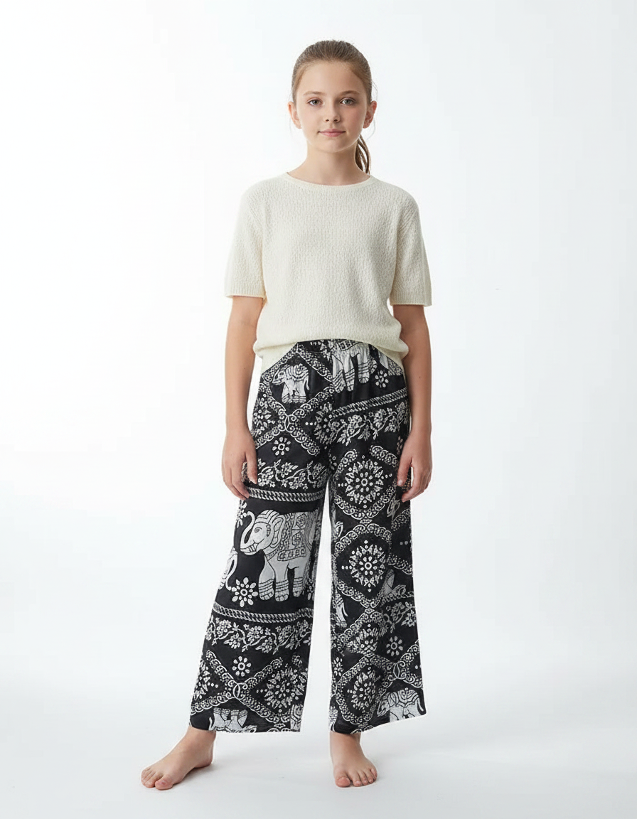 Pantalon Fluide Noir Ample Imprimé Éléphants Fille - Viscose