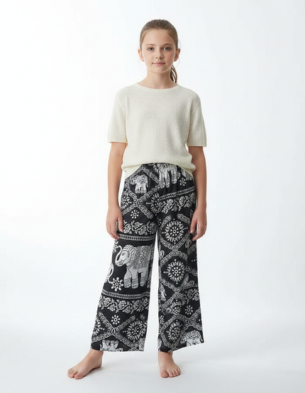 Pantalon Fluide Noir Ample Imprimé Éléphants Fille - Viscose