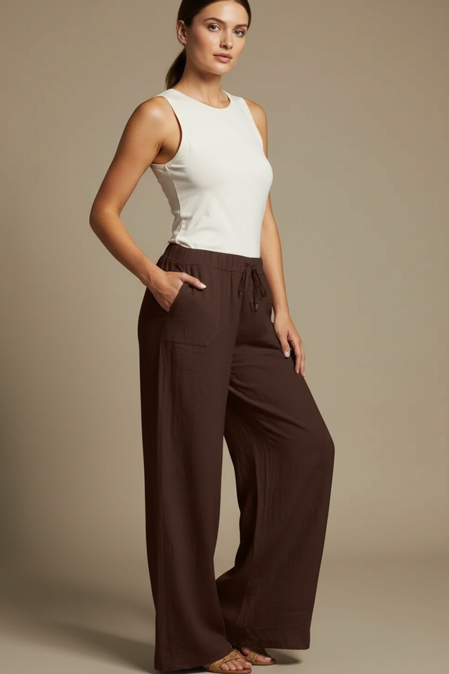 Pantalon Fluide Marron Ample Lin Coton Femme