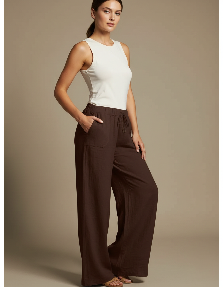 Pantalon Fluide Marron Ample Lin Coton Femme