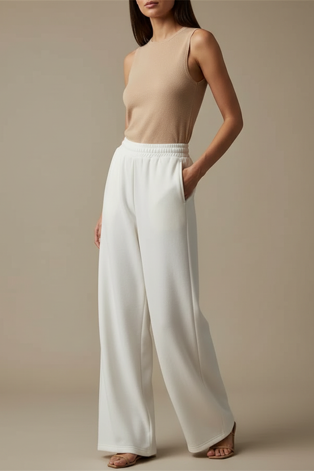 Pantalon Fluide Blanc Ample Confort Décontracté Femme - Molleton