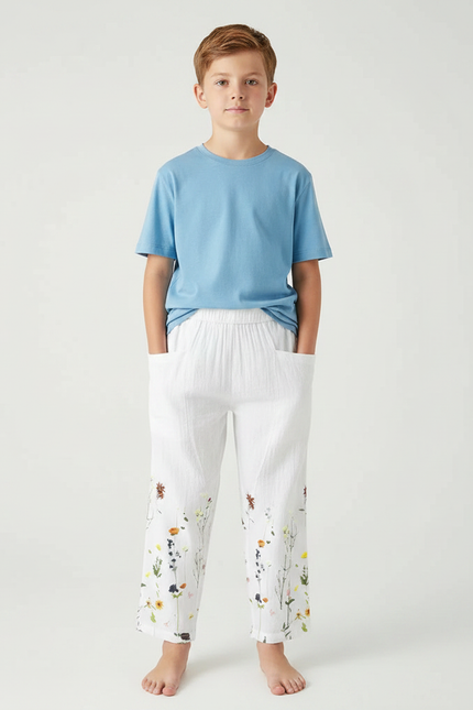 Pantalon Fluide Blanc Lin Ample Imprimé Floral Enfant