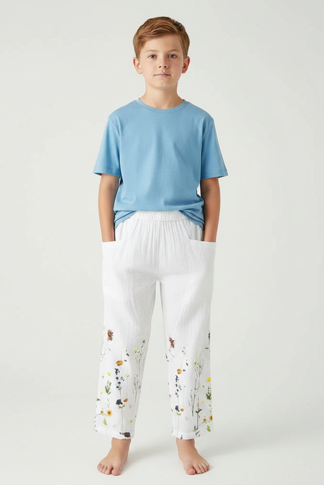 Pantalon Fluide Blanc Lin Ample Imprimé Floral Enfant