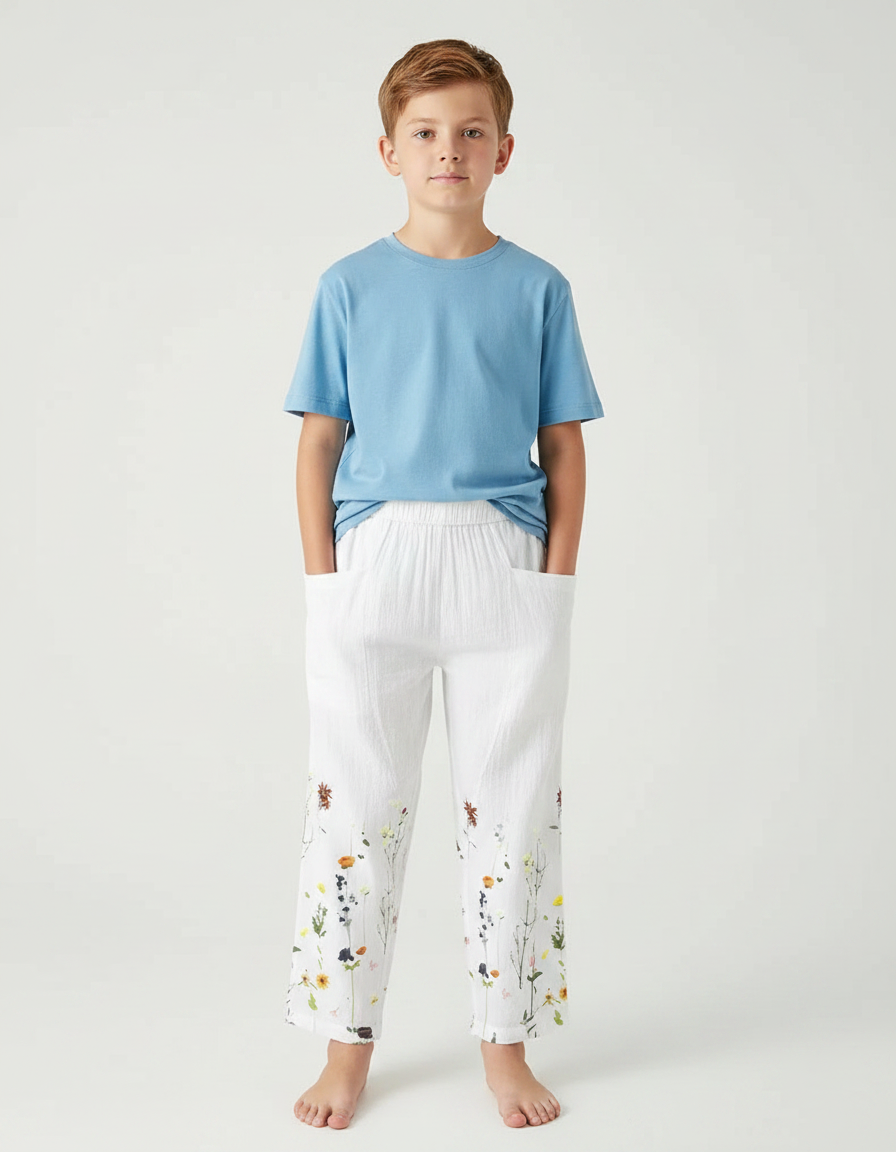 Pantalon Fluide Blanc Lin Ample Imprimé Floral Enfant