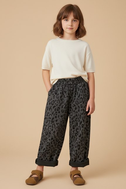 Pantalon Fluide Léopard Gris Ample Enfant Doux - Imprimé Molleton