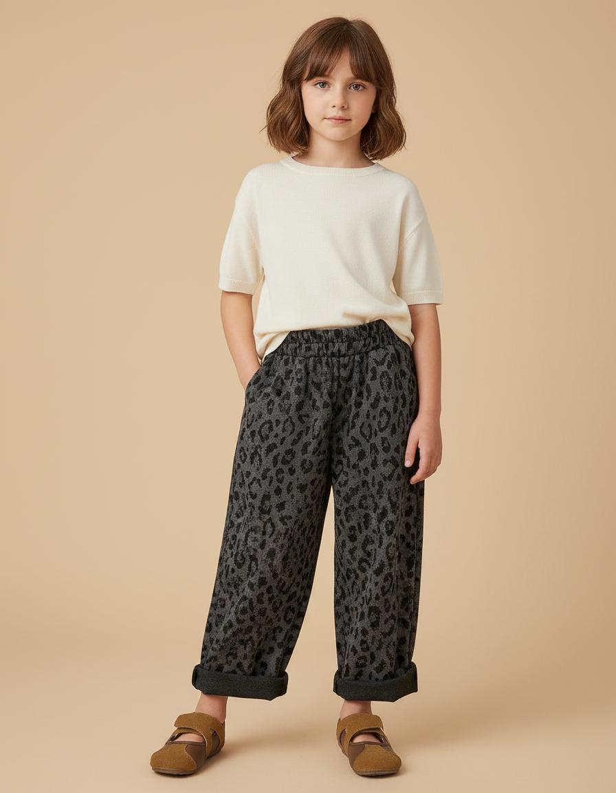 Pantalon Fluide Léopard Gris Ample Enfant Doux - Imprimé Molleton