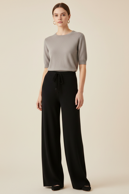 Pantalon Fluide Noir Ample Cordon Laine Mérinos