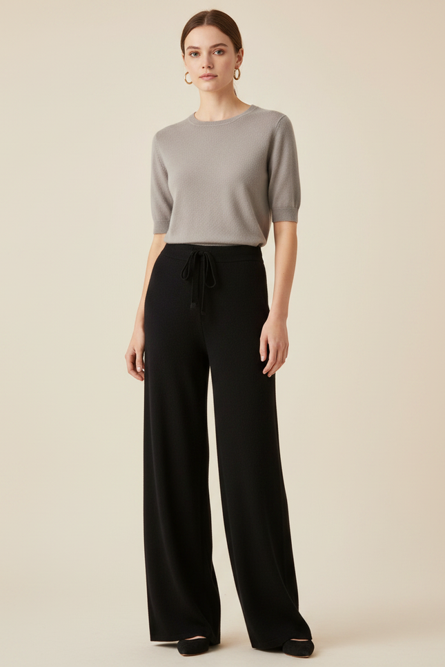 Pantalon Fluide Noir Ample Cordon Laine Mérinos