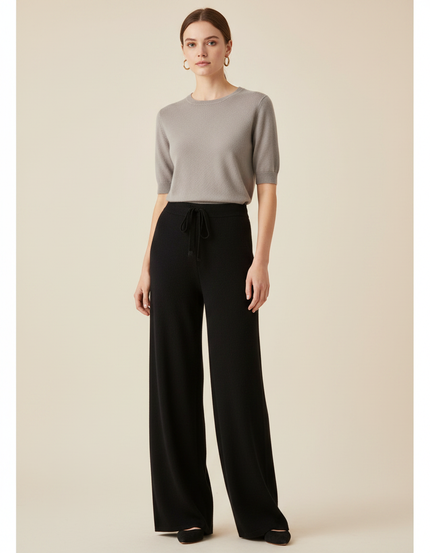 Pantalon Fluide Noir Ample Cordon Laine Mérinos