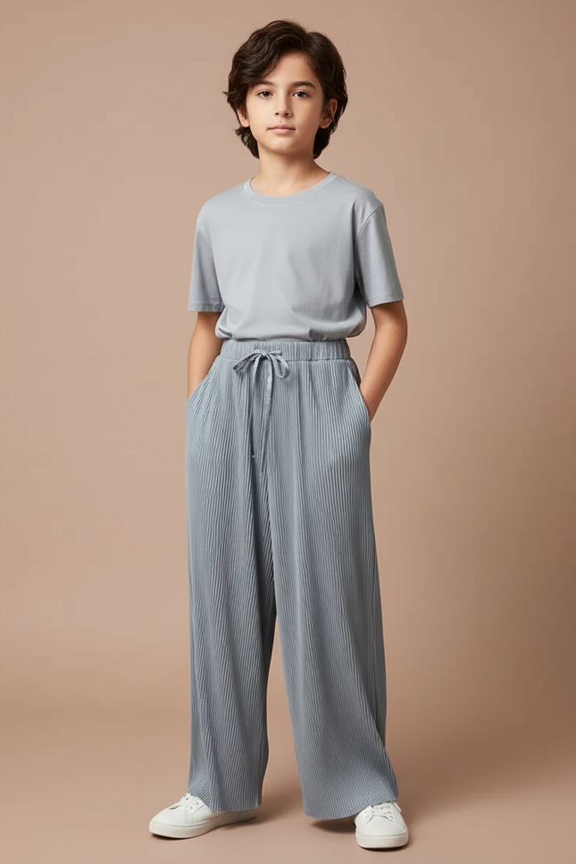 Pantalon Fluide Plissé Gris Ample Confortable Enfant - Polyester