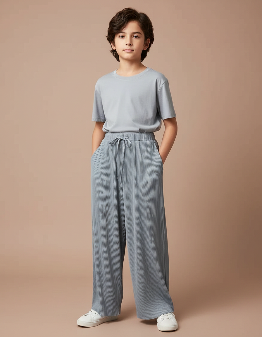 Pantalon Fluide Plissé Gris Ample Confortable Enfant - Polyester