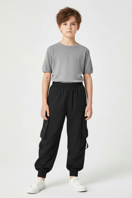 Pantalon Fluide Cargo Noir Ample Multi-Poches Garçon - Polyester