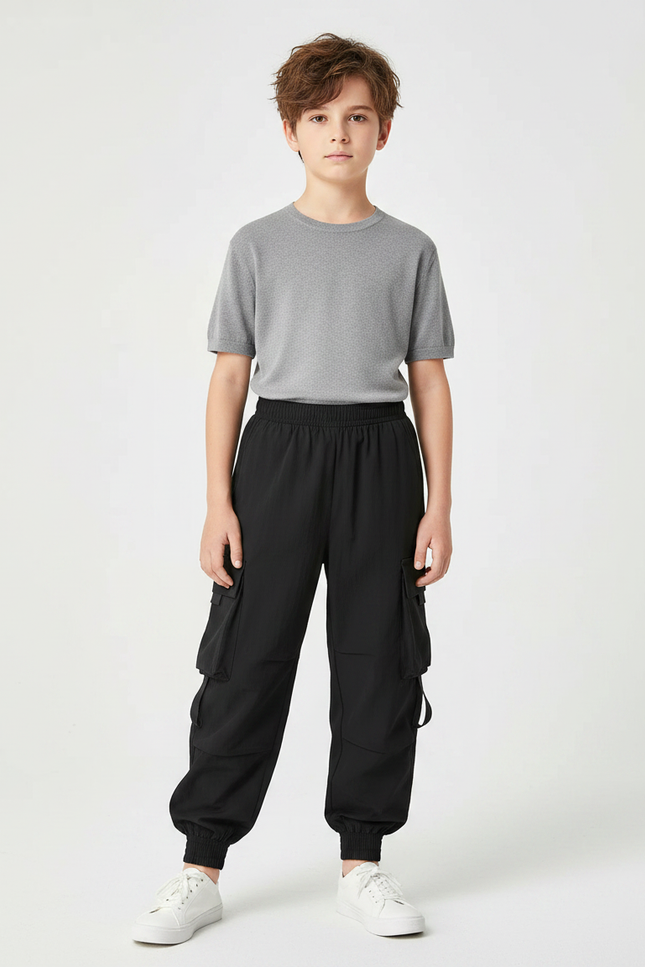 Pantalon Fluide Cargo Noir Ample Multi-Poches Garçon - Polyester