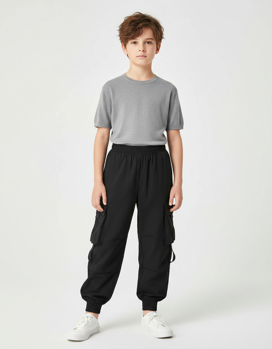 Pantalon Fluide Cargo Noir Ample Multi-Poches Garçon - Polyester
